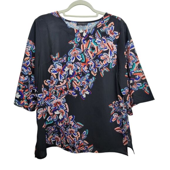 Nally & Millie Black Semi Sheer Floral Elbow Sleeve Top Size S/M - Picture 1 of 10